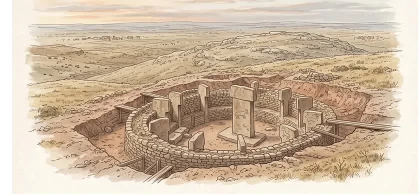 Watercolor of a Göbekli Tepe enclosure with T-shaped pillars, from Atlas of Ancient Wonders