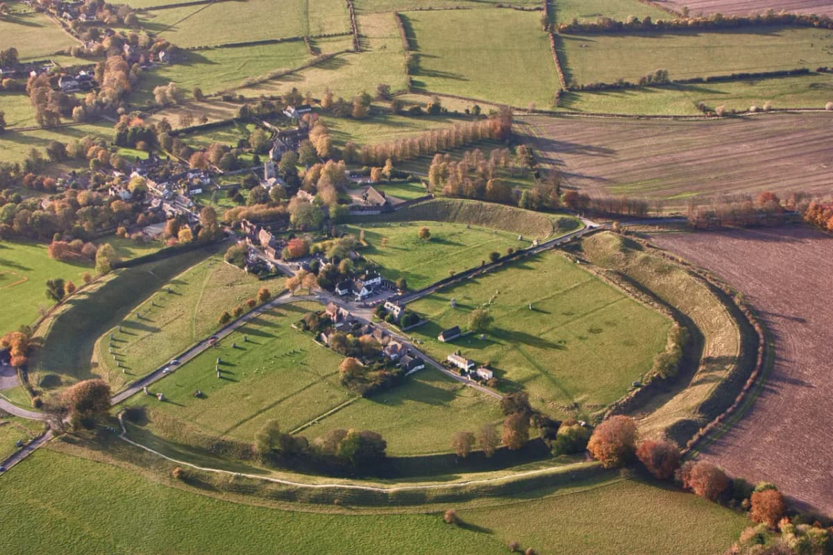 Aerial view of the Avebury henge, showing the stone circles and surrounding village