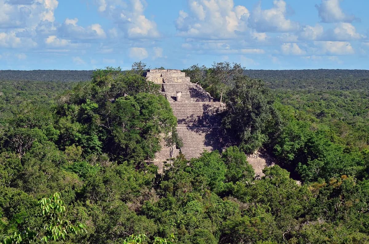 Die großen Pyramiden von Calakmul, die sich über den Regenwald erheben, Campeche, Mexiko