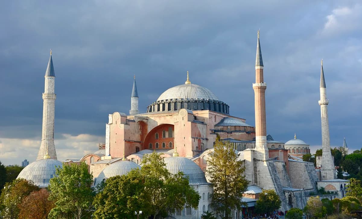 The domed exterior of Hagia Sophia with its Ottoman minarets, Istanbul, Turkey