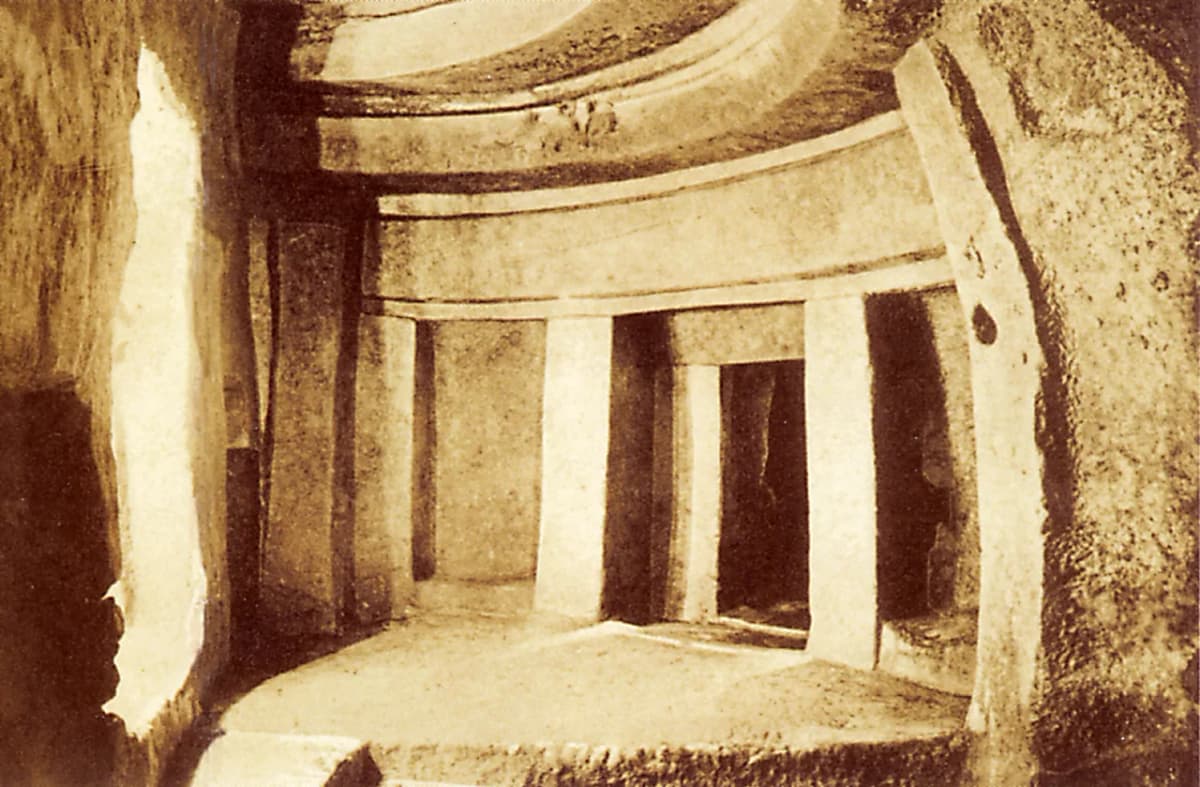 The carved limestone chambers of the Hal Saflieni Hypogeum, Malta
