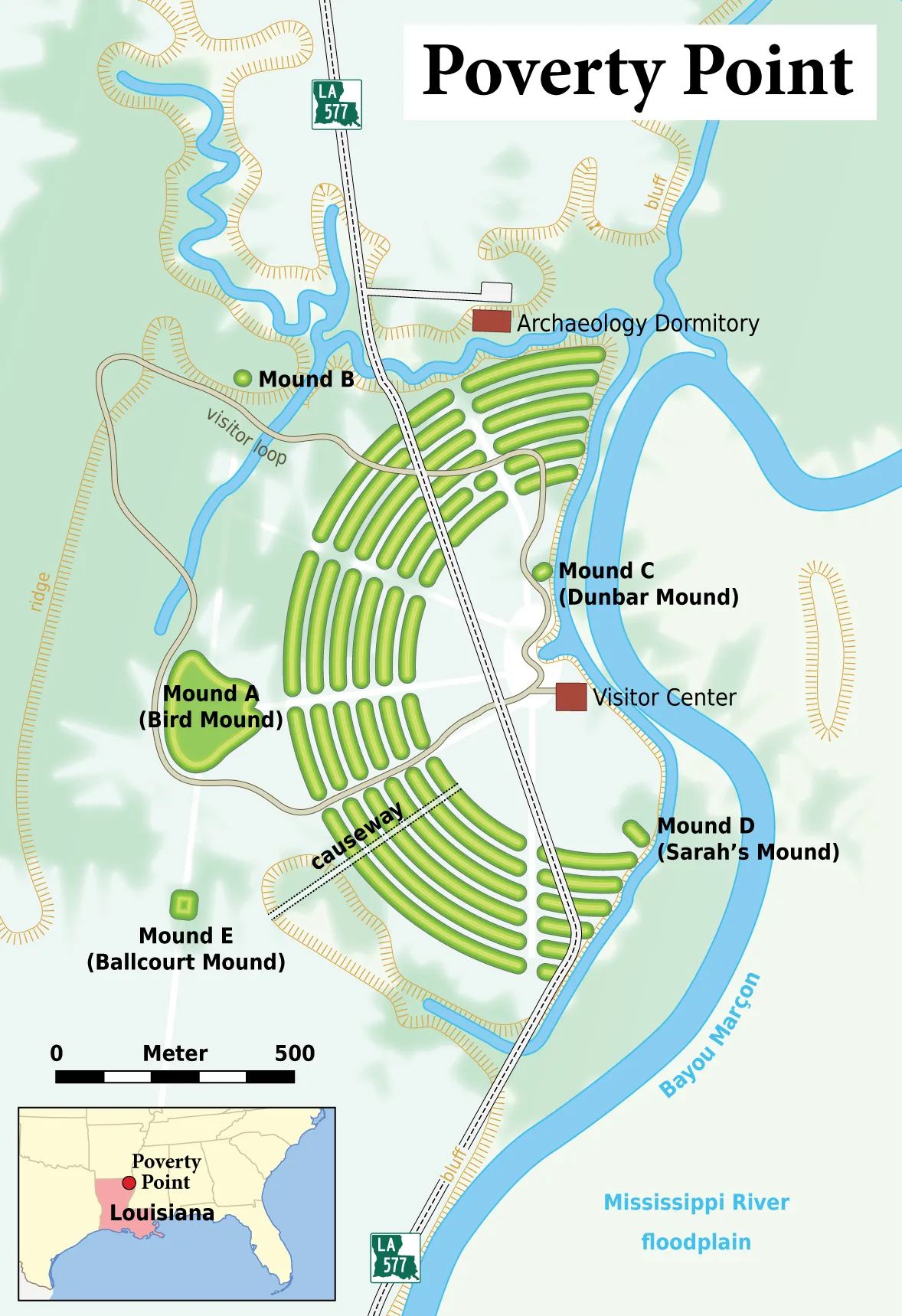 Aerial view of Mound A and the concentric earthen ridges at Poverty Point, Louisiana