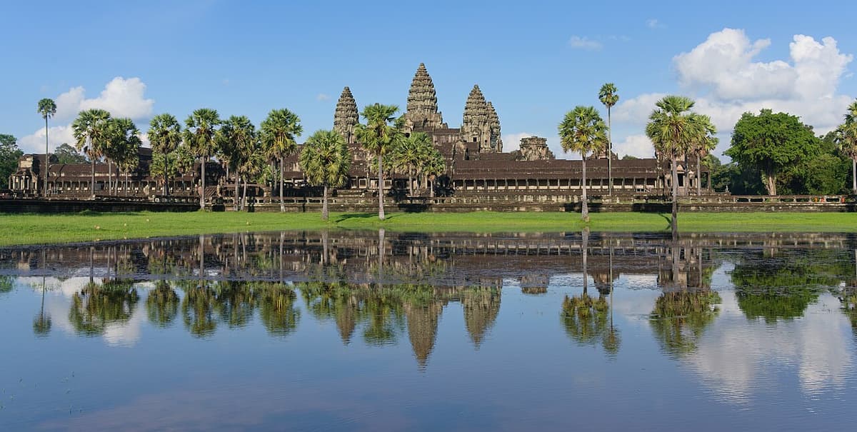 Aerial view of Angkor Wat reflected in its moat, Siem Reap Province, Cambodia
