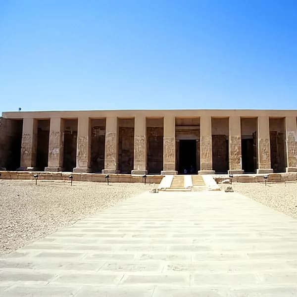 Pillared portico and outer hypostyle facade of the Temple of Seti I at Abydos, Egypt