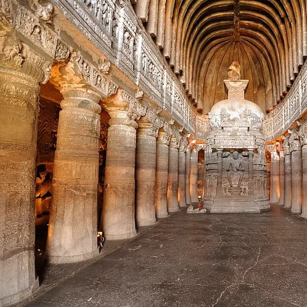 Rock-cut Buddhist cave monasteries at Ajanta, cut into a horseshoe-shaped gorge, Maharashtra, India