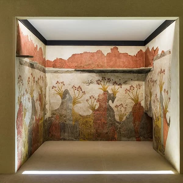 Excavated multi-storey buildings at Akrotiri under the protective roof