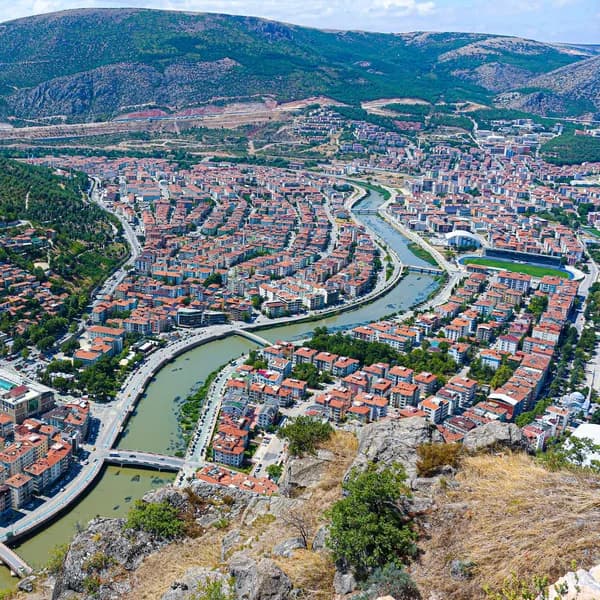 Pontic rock tombs and Ottoman houses along the Yesilirmak River in Amasya