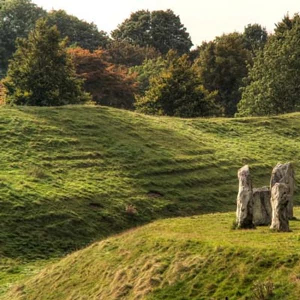 Aerial view of the Avebury henge, showing the stone circles and surrounding village