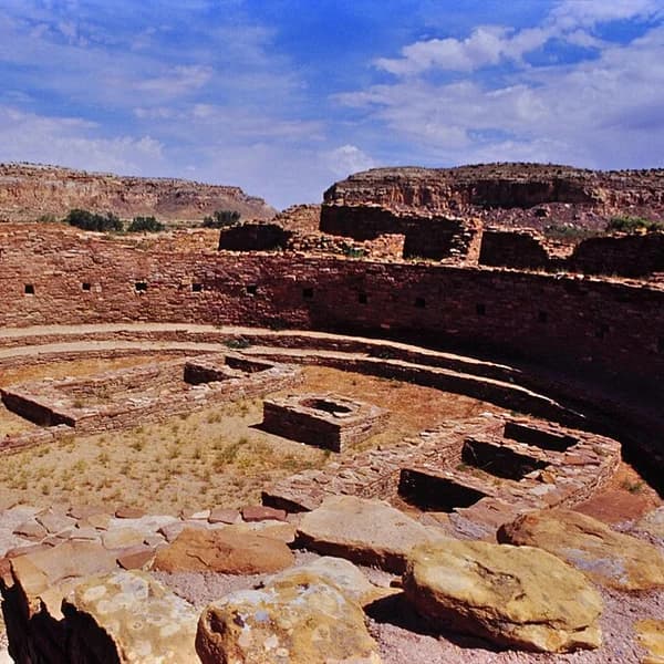 Aerial view of Pueblo Bonito, the largest great house at Chaco Canyon