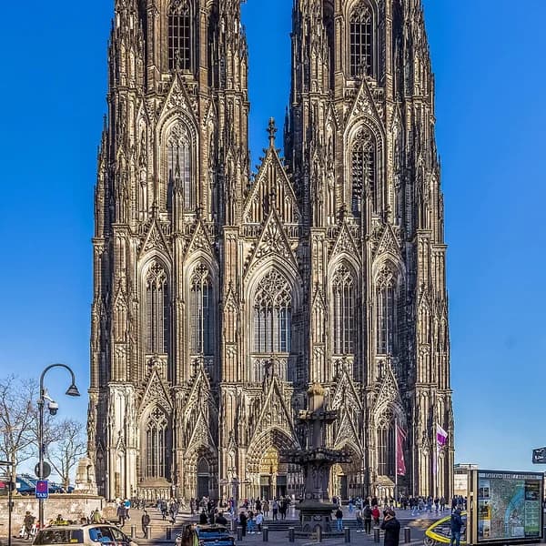 The Gothic twin spires of Cologne Cathedral, one of Germany's greatest historic monuments
