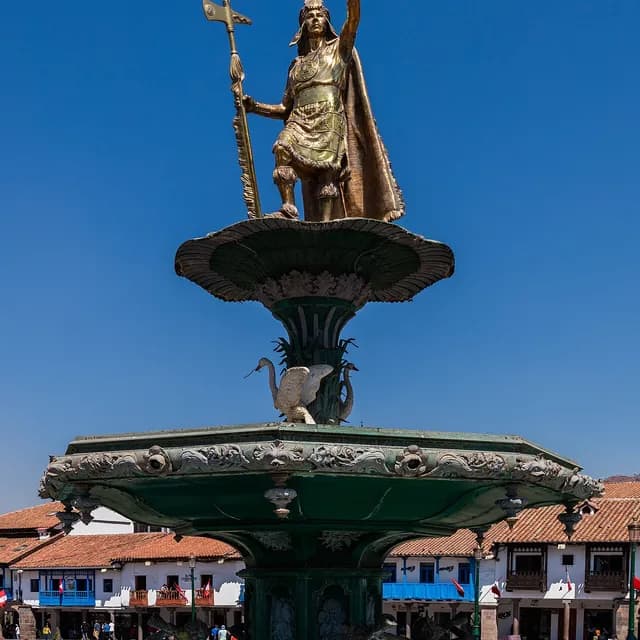 Plaza de Armas of Cusco with the Inca Pachacuti monument and cathedral