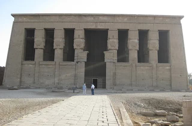Colossal Hathor-headed sistrum columns of the entrance facade of the Great Temple of Hathor at Dendera, Egypt