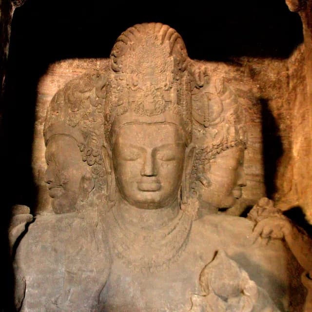 The Trimurti Shiva sculpture in the main cave at Elephanta Island