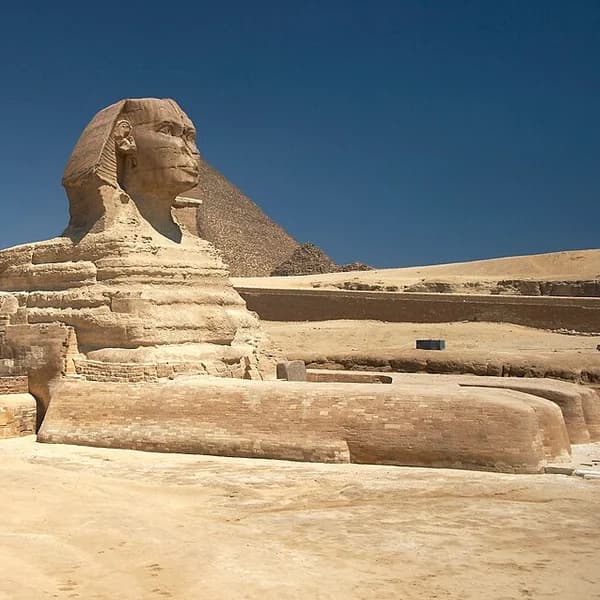 The Great Sphinx of Giza with the Pyramid of Khafre behind, Egypt