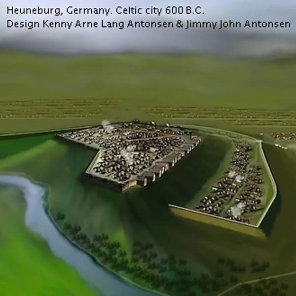 Reconstruction of the early Celtic Heuneburg with its mudbrick wall above the Danube, Germany