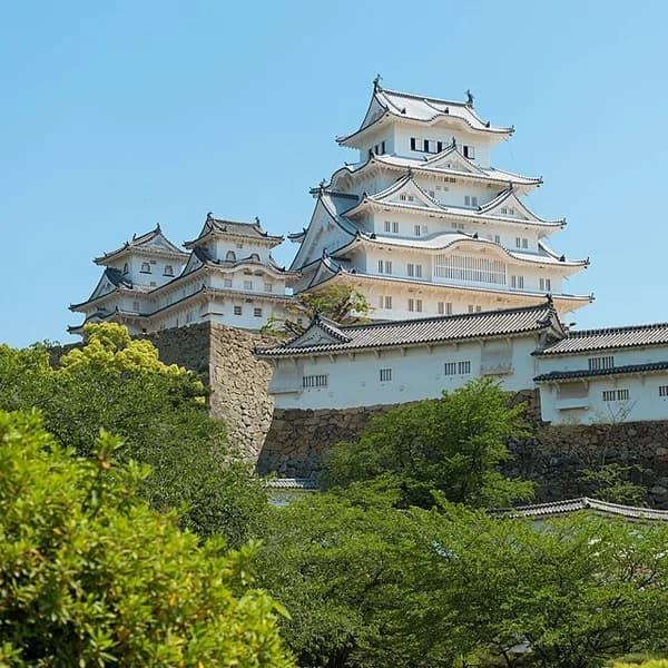 White plastered main keep and roofs of Himeji Castle, Japan