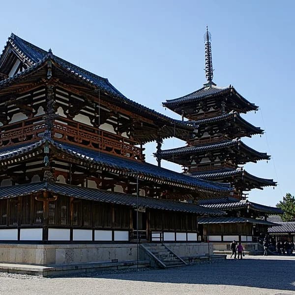 The five-storey Gojunoto pagoda and Kondo (Main Hall) of Horyu-ji, the world's oldest surviving wooden buildings, Nara, Japan