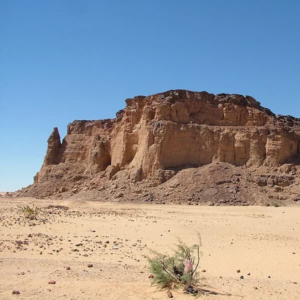 Jebel Barkal sandstone butte and temple ruins beside the Nile, Sudan
