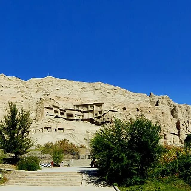 Cliff face and cave openings of the Kizil Buddhist grottoes, Xinjiang