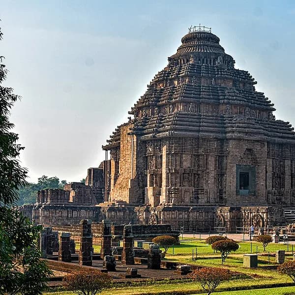 The stone chariot wheels and jagamohana of Konark Sun Temple, Odisha, India