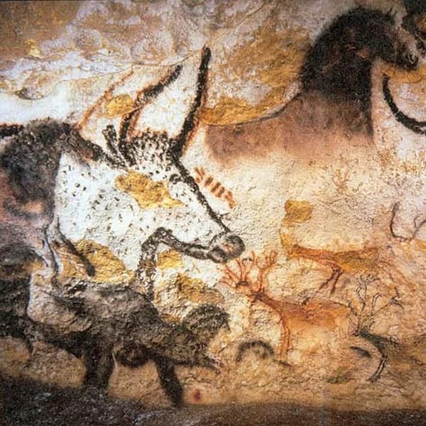 Paleolithic paintings of horses in the Hall of the Bulls, Lascaux