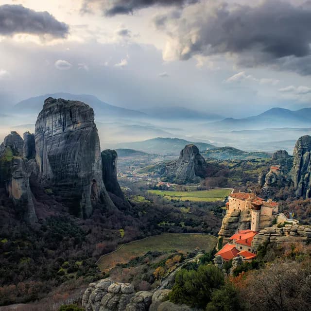 Byzantine monasteries perched on rock pillars at Meteora, Greece