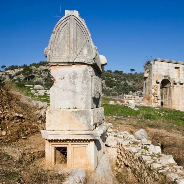 The ancient theatre and assembly hall at Patara with Mediterranean coastline