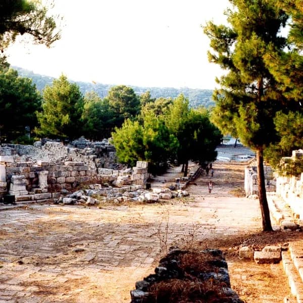 Ancient harbor and ruins of Phaselis with pine trees and Mediterranean Sea
