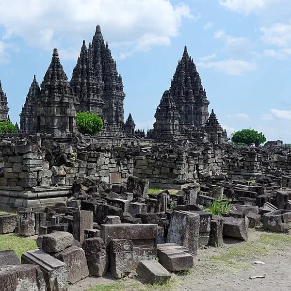 The three main towers of Prambanan at sunset, Java