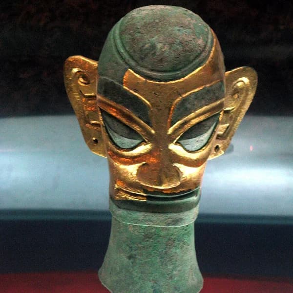 Bronze mask with protruding cylindrical eyes from the Sanxingdui sacrificial pits, Sichuan, China