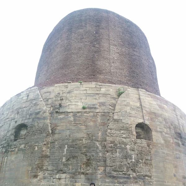 The cylindrical Dhamekh Stupa at Sarnath, Uttar Pradesh, with carved Gupta-period stone banding