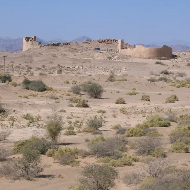 Standing monoliths and ruins of the Almaqah temple at Sirwah, Yemen