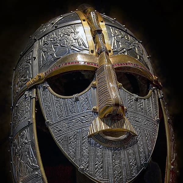 Reconstructed Sutton Hoo helmet with face mask, British Museum