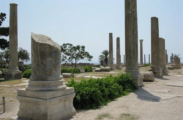 Ancient Roman colonnades and paving stones at the Al-Mina excavation sector in Tyre, Lebanon, facing the Mediterranean Sea