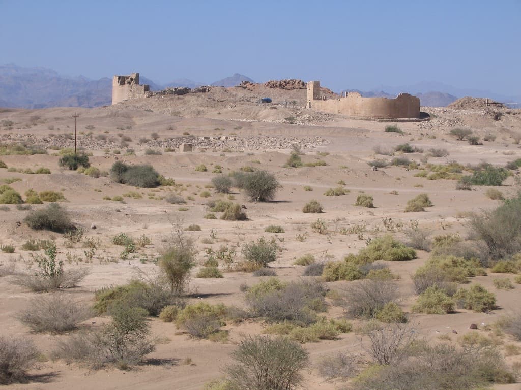 Standing monoliths and ruins of the Almaqah temple at Sirwah, Yemen