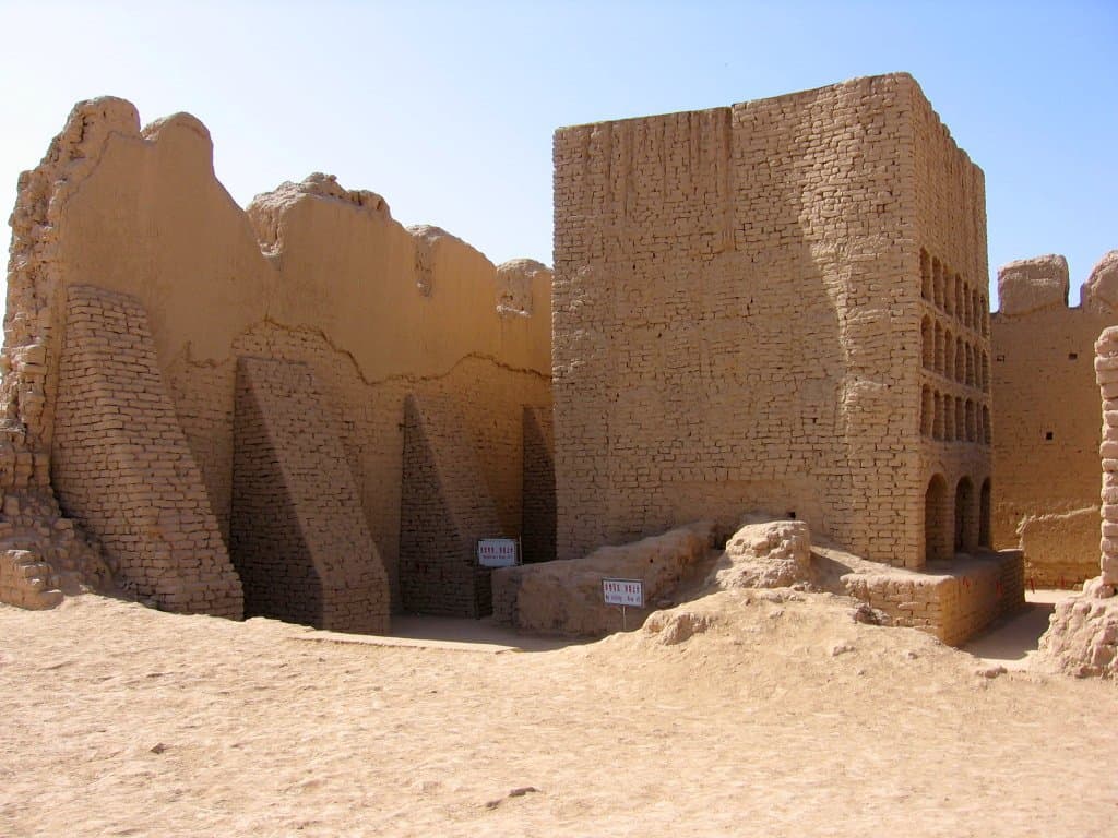 Massive mud-brick city walls of the Gaochang ruins near Turpan, Xinjiang