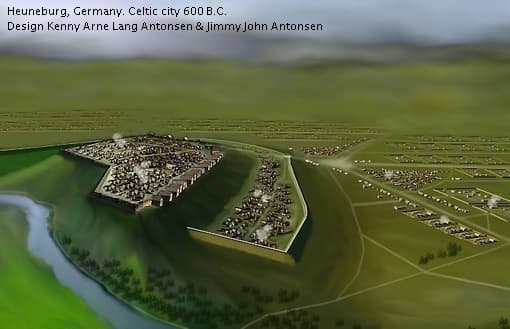 Reconstruction of the early Celtic Heuneburg with its mudbrick wall above the Danube, Germany