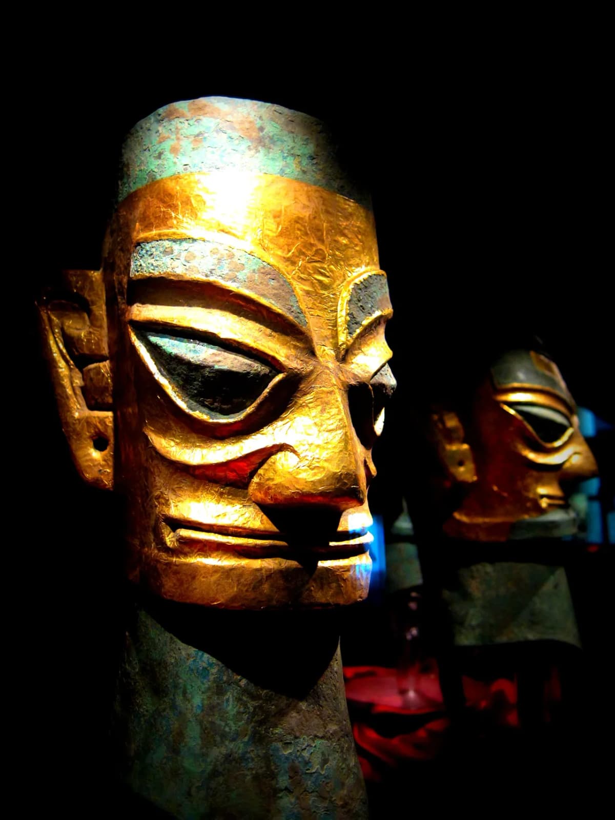Bronze mask with protruding cylindrical eyes from the Sanxingdui sacrificial pits, Sichuan, China