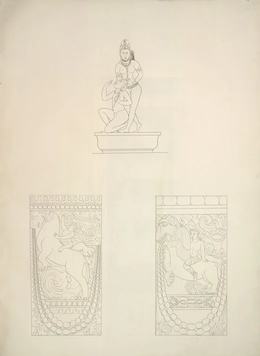 An 1853 sketch of 7th century sculpture in Durga temple Aihole Karnataka