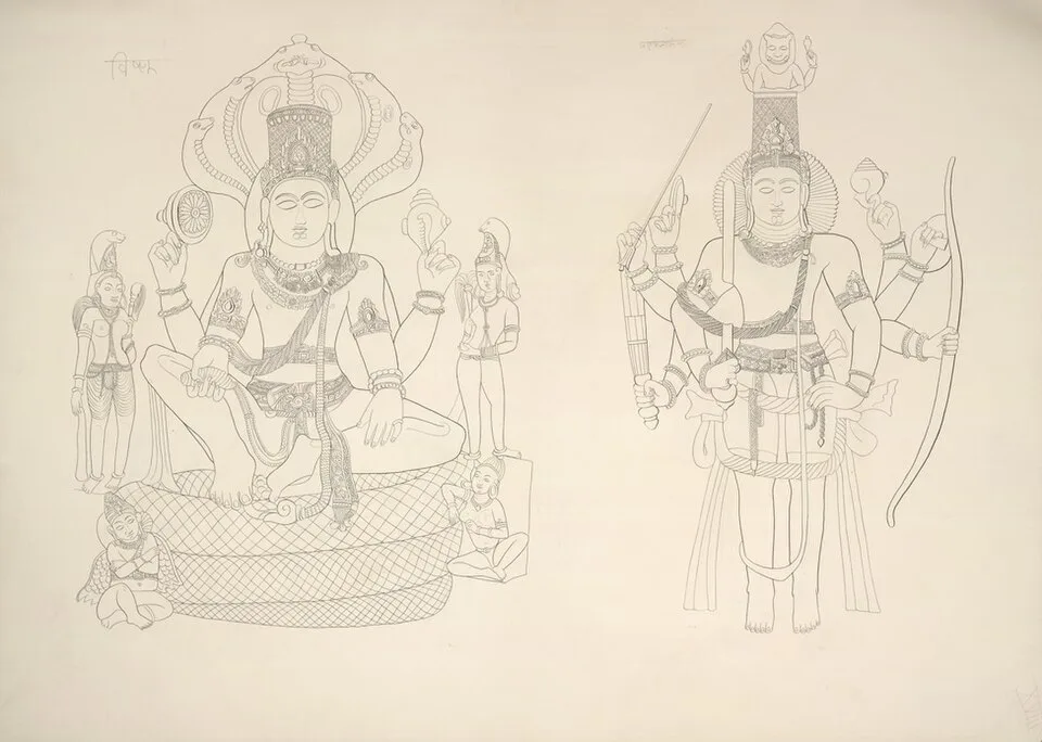 An 1853 sketch of Vaikuntha Vishnu left and Ashtabhuja Vishnu at Cave 3, Badami Hindu Cave Temple Karnataka