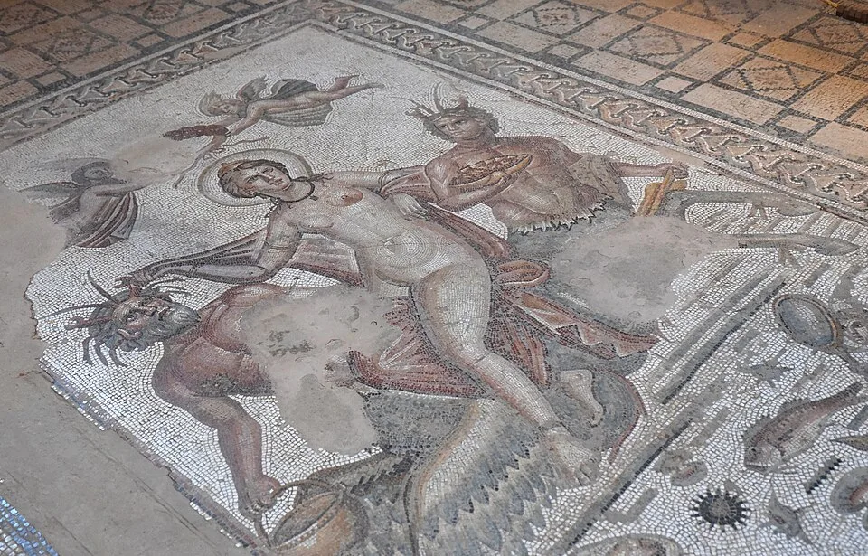 In situ mosaic depicting Venus being carried ashore by a pair of Ichthyocentaurs (fish-tailed centaurs) following her bi