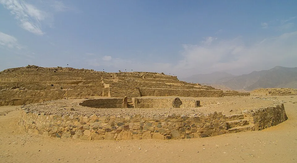 Mayor Pyramid and circular enclosure. Caral, Peru