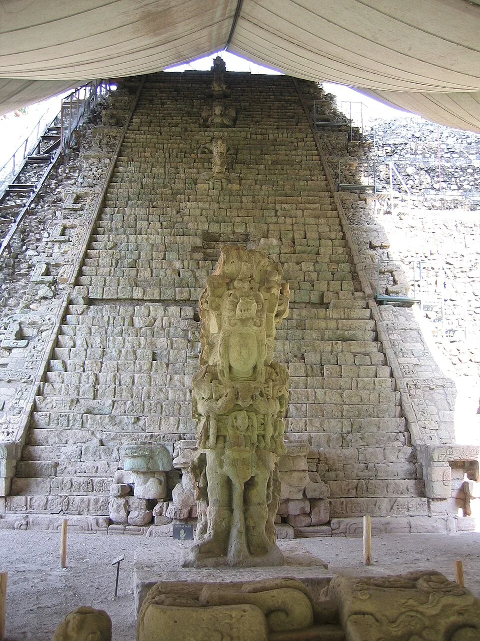 Stela M and the Hieroglyphic Stairway on the archeological site of Copán, a mayan city