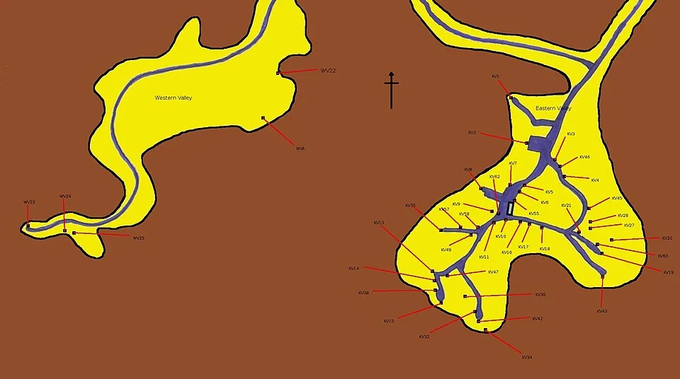 Mezar konumlarını gösteren Krallar Vadisi planı