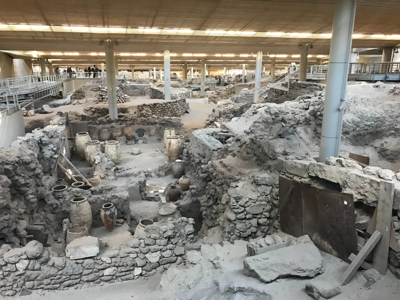 Excavated multi-storey buildings at Akrotiri under the protective roof