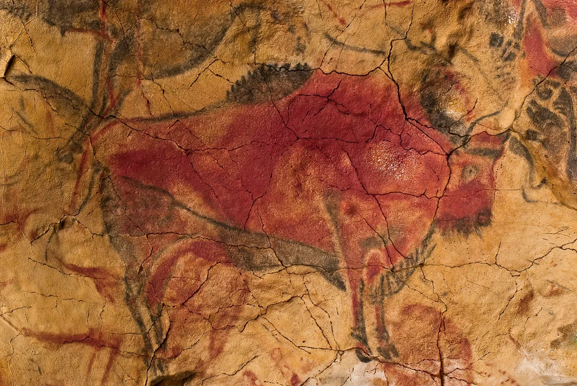 Polychrome Magdalenian bison painted on the ceiling of Altamira Cave, Cantabria, Spain