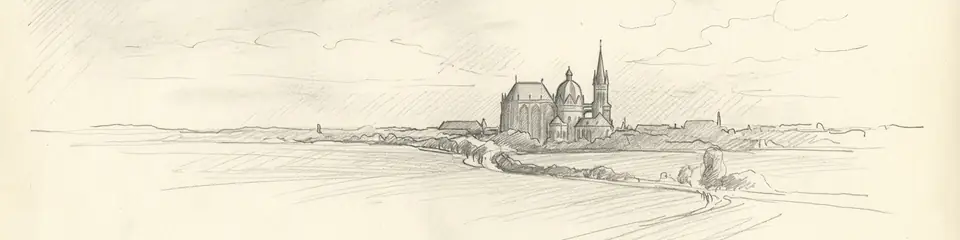 Graphite pencil sketch banner of Aachen Cathedral