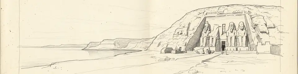 Graphite pencil sketch banner of Abu Simbel