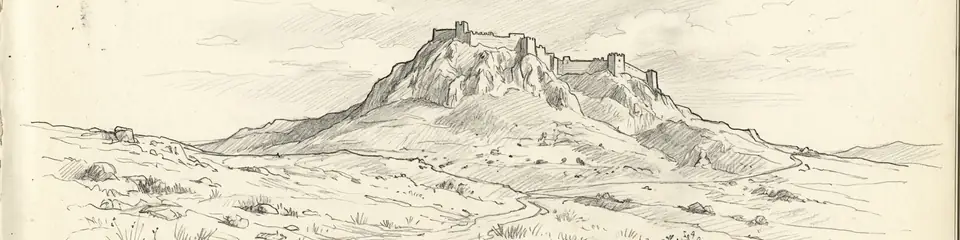 Graphite pencil sketch banner of Acrocorinth