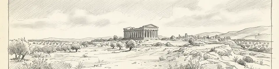 Graphite pencil sketch banner of Valley of the Temples